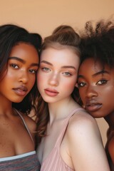 Three cool confident pretty gen z girls looking at camera posing for beauty portrait, multiethnic stylish young women, multicultural hipster models inclusive faces isolated on beige background.