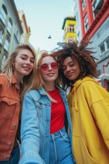 Three multiracial young women taking selfie photo walking on city street - Millenial female friends having fun together outdoors - Friendship, feminist and technology concept