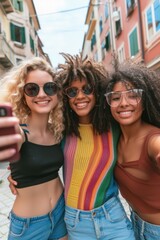 Three smiling young women in sunglasses taking a sunny outdoor selfie