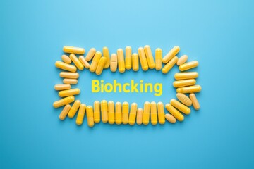 Top view of yellow vitamins on blue background "Biohacking " text