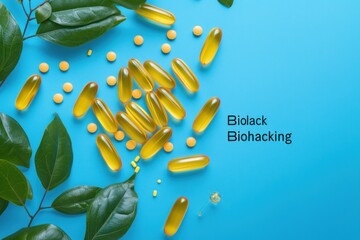 Top view of yellow vitamins on blue background "Biohacking " text