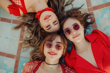 Women portrait, sunglasses and happy with fashion at a pool with gen z and style of girl friends with top view. Red clothing, cool and trendy glasses with young people together on a tile floor