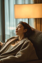Work-life balance relaxation with Asian working business woman healthy lifestyle take it easy resting in comfort city hotel or home living room having good time with peace of mind, self-satisfaction