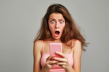 Young adult female looking shocked at a smartphone