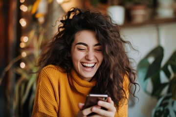 Young adult female laughing and looking at a smartphone