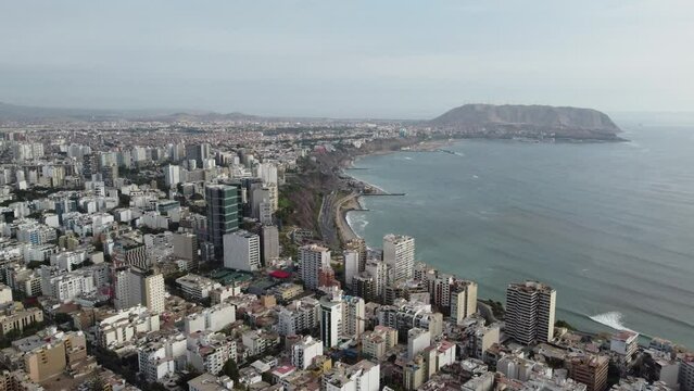 Panoramic view of Miraflores in Lima - Peru. Aerial drone flies above view in high resolution 4k