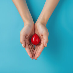 Concept of give blood donation, blood transfusion. Hands woman hold drop of blood on blue background