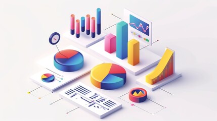 Modern colorful 3D infographics. Statistics Business 3d Pie Chart, Bars, Strips, Steps and Options. Business Infographic creative design made of 3D shapes