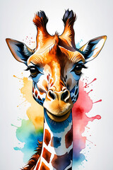 Watercolor image of a giraffe's face. Logo, cover, print for textiles.
