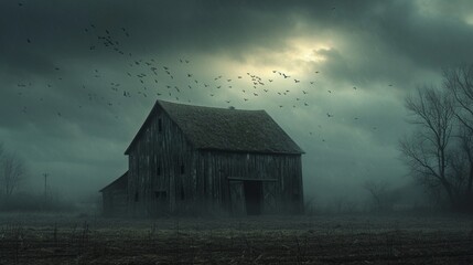 A spooky old barn in the middle of a desolate field, with bats circling overhead and strange noises emanating from within. 