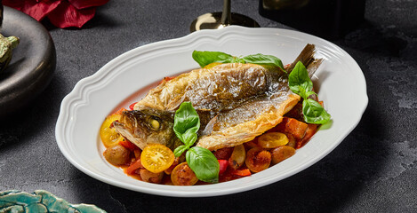 Roasted sea bass with cherry tomatoes and basil leaves in an elegant style