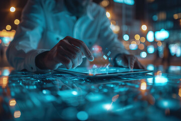 Businessman using a tablet with a virtual hologram, modern technology. Close-up of male hands working in the office