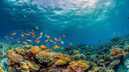 Fototapeta na wymiar A coral reef teeming with colorful marine life under crystal clear waters.