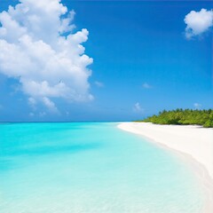 Beautiful sandy beach with white sand and rolling calm wave of ocean white clouds in blue sky background landscape