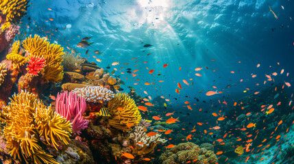 Obraz na płótnie Canvas A coral reef teeming with marine life underwater.