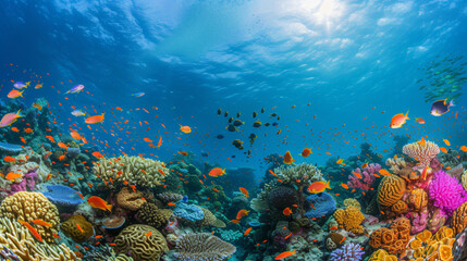 Obraz na płótnie Canvas A coral reef teeming with marine life underwater.
