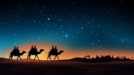 Ramadan concept with camels in the desert at night