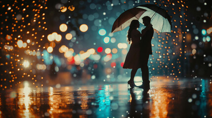 A couple dancing in the rain silhouetted against city lights.