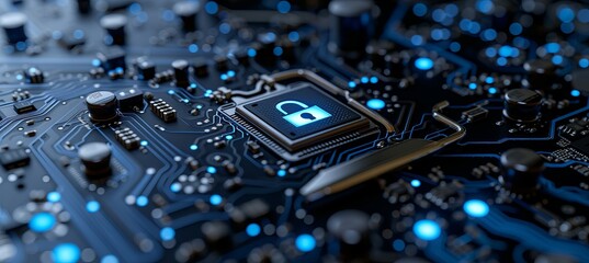Shining holographic cpu lock icon with interactive security elements and text space