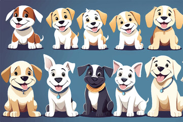 Puppies and Dog collection. Cute pappies and dogs. Set of cute funny puppies. Cute dogs vector set. Funny cartoon dogs characters different breads illustration. Different type of vector cartoon dogs.