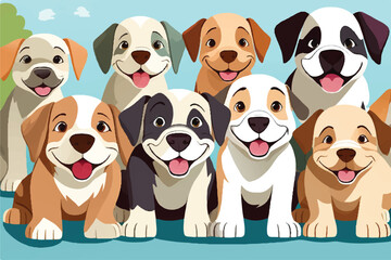 Puppies and Dog collection. Cute pappies and dogs. Set of cute funny puppies. Cute dogs vector set. Funny cartoon dogs characters different breads illustration. Different type of vector cartoon dogs.