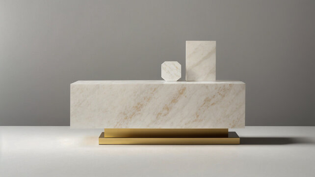 Podiums of different shapes made of white stone with gilding on white table with gray wall background. High quality photo
