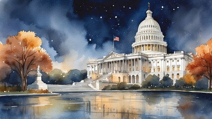 USA capitol building at night watercolor