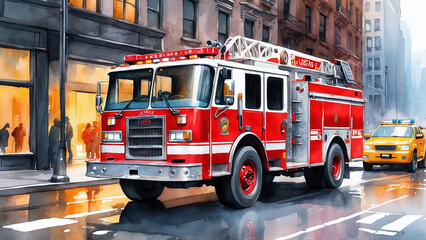 Fototapeta na wymiar fire truck on the street of New York, watercolor style