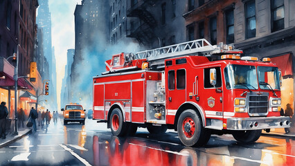 fire truck on the street of New York, watercolor style