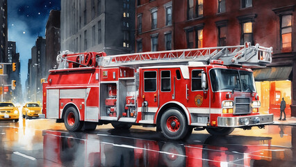 fire truck on the street of New York, watercolor style