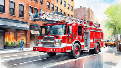 fire truck on the street of New York, watercolor style
