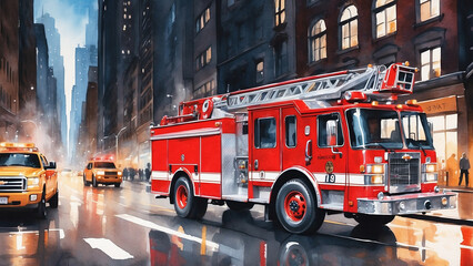 Fototapeta na wymiar fire truck on the street of New York, watercolor style