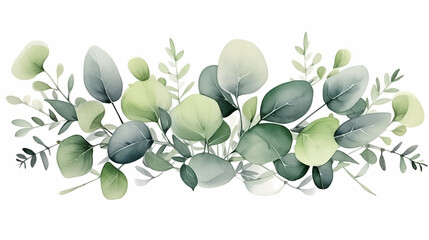 Floral green wedding botanical composition of leaf branches, eucalyptus. Elegant foliage design element for bridal shower, birthday card, baby shower, wallpaper, packaging paper,  wrapping paper - obrazy, fototapety, plakaty