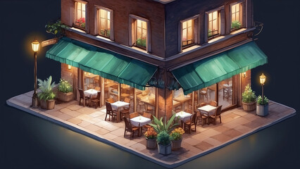 cafe in the city isometric watercolor 