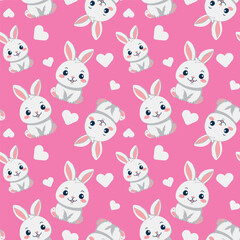 seamless background with cute white bunny with hearts on a pink background. kids decor, fabric