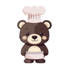 A cute cartoon illustration with a brown bear in the cook's clothes. Cook's hat and apron. Children's flat vector illustration.