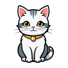 A cute cartoon illustration with a striped cat. A white and gray cat with a golden collar. Cute in Asian baby style