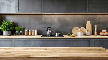 Wooden light empty tabletop in Scandinavian minimalist style. Kitchen panel against background of gray wall furniture