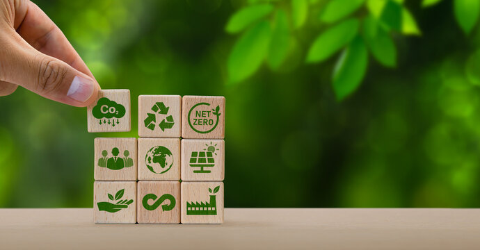 concept of carbon credit reducing carbon emissions Zero net greenhouse gas emissions target Carbon credits to invest in sustainable businesses green climate investment wooden block with green icon