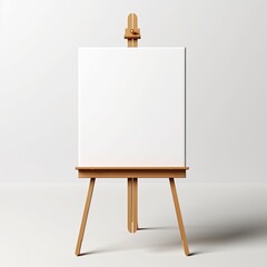 White canvas on wooden easel and copy space on white background.