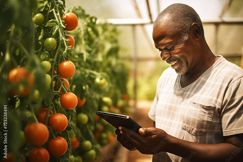 Poster black farmer with a digital tablet in greenhouse. integration of technology for efficient and progre