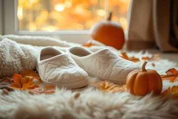 Fototapeta na wymiar Autumn leaves and pumpkin in white slippers Warm weekend home aesthetic with soft winter slippers