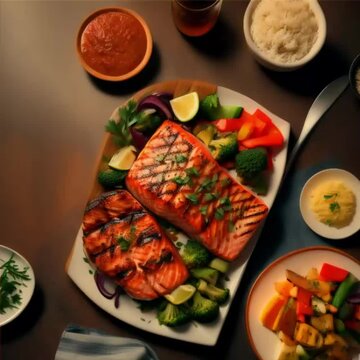 grilled salmon with rice and vegetables, generative Ai