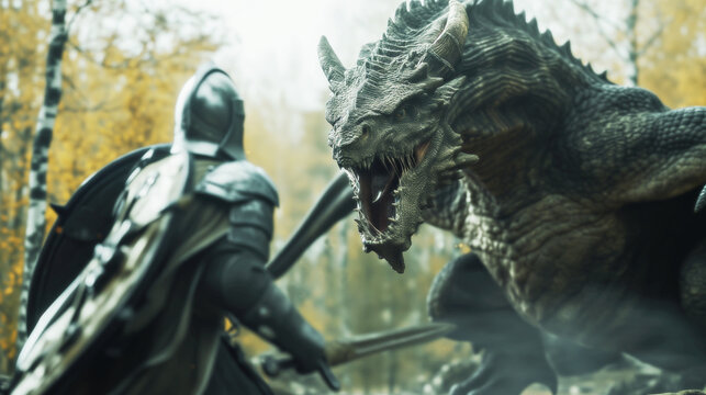 Tense moment as a brave armored medieval knight faces off against a giant mythical dragon.