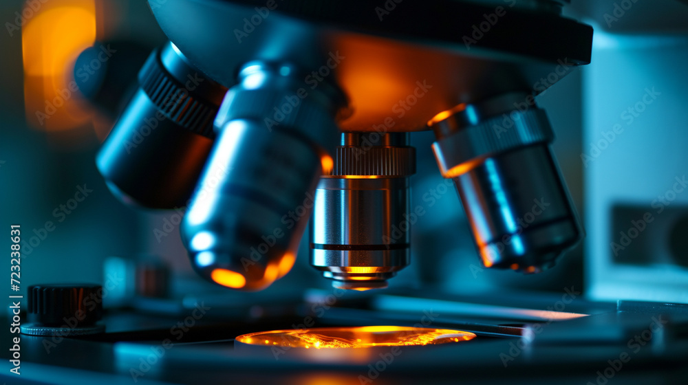 Poster a close-up of a microscope lens with a slide, illuminated by a mysterious light, symbolizing discove