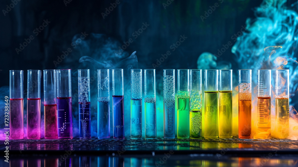 Poster an array of colorful test tubes bubbling over in a dark laboratory setting, science, dynamic and dra