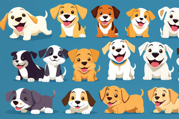 Puppies and Dog collection. Cute pappies and dogs. Set of cute funny puppies. Cute dogs vector set. Funny cartoon dogs characters different breads illustration. Different type of vector cartoon dogs.