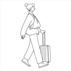 Woman with a baby in sling travels with luggage, line minimalistic vector illustration. Vector illustration