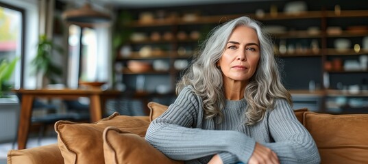 Obraz premium Cheerful middle aged woman on sofa at home, mature senior in living room with space for text
