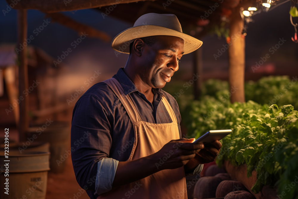 Poster black farmer with a digital tablet in greenhouse. integration of technology for efficient and progre